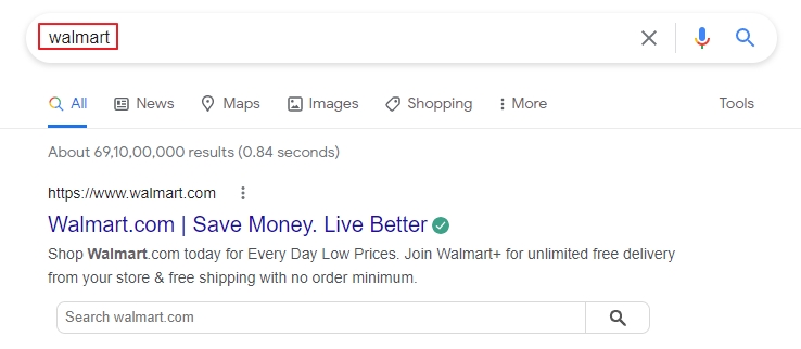 Google SERP result for "walmart"