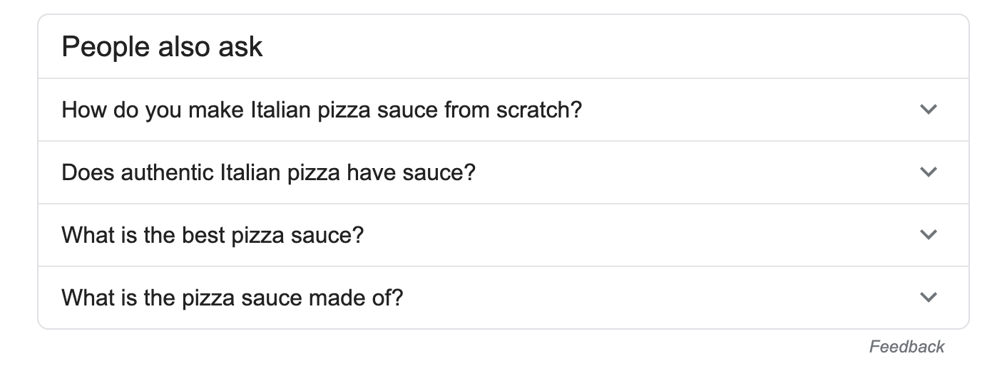 people also ask section in Google for the italian pizza sauce recipe query