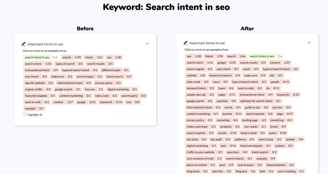 Important terms to use in Surfer Content Editor before an after algorithm update