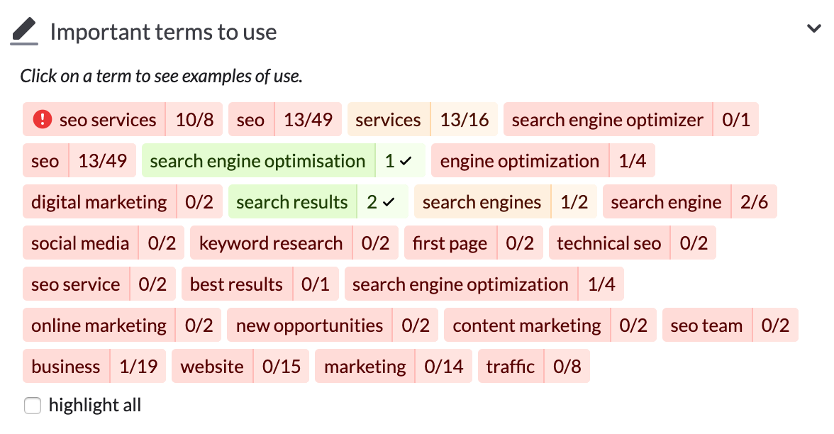 keyword suggestions in content editor