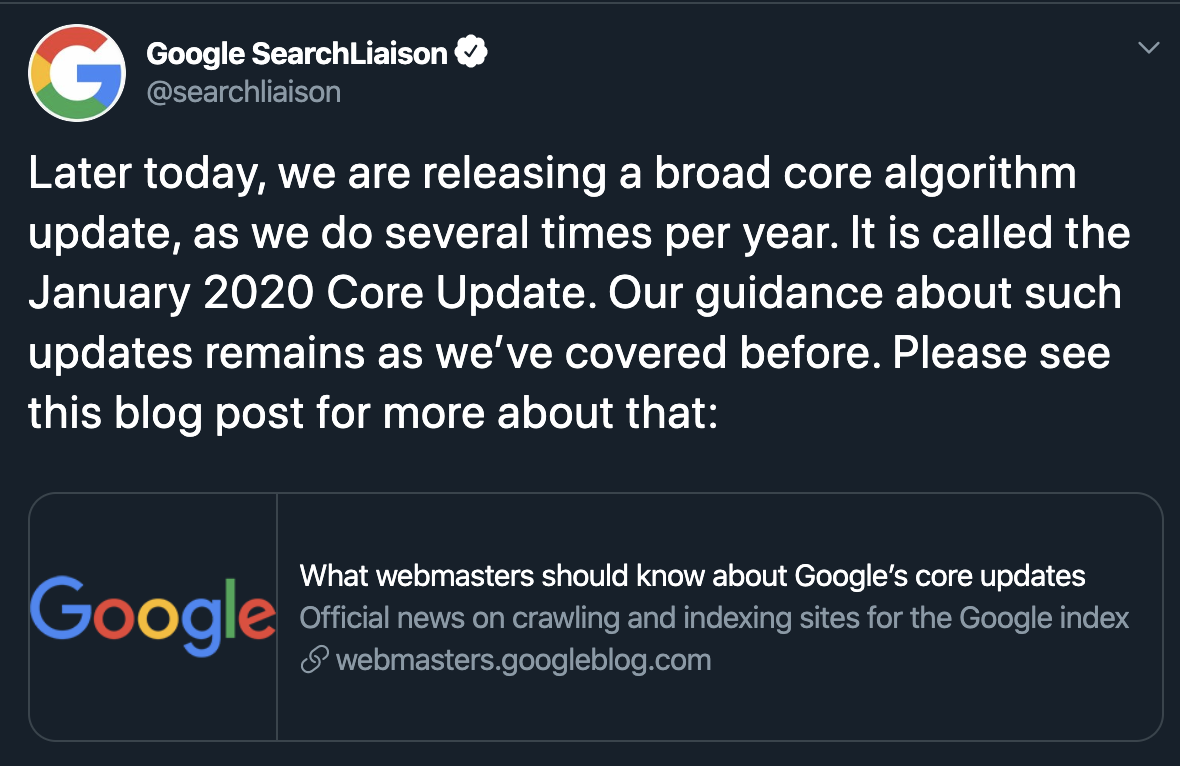 tweet by google about algorithm update