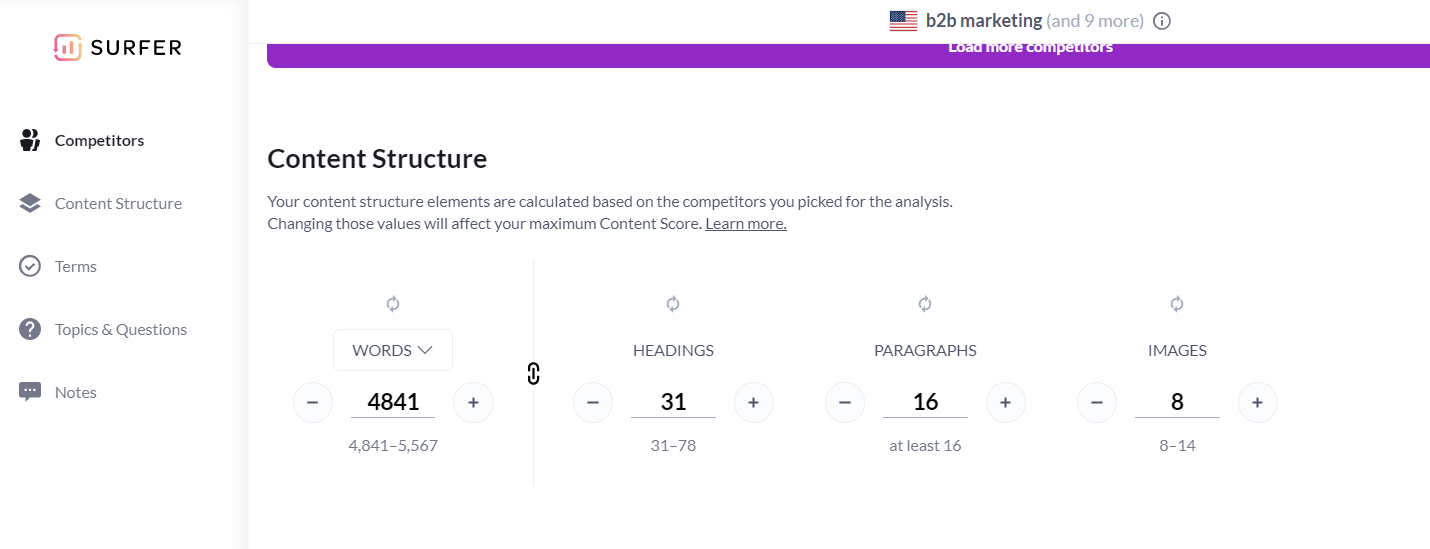 adjusting content structure benchmarks in surfer content edi