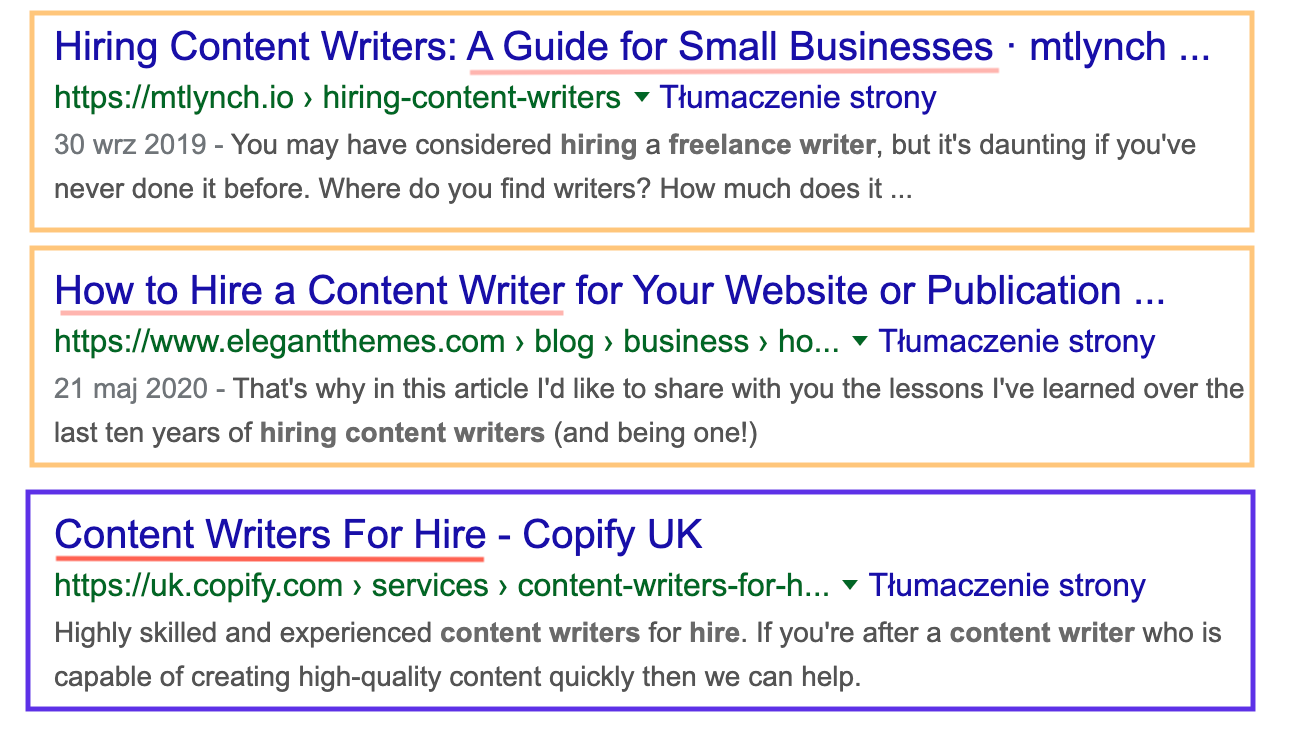 search intent in serp for hire content writers keyword 3