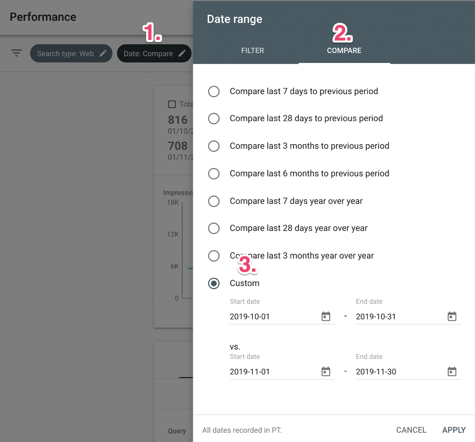 pick a date in google search console