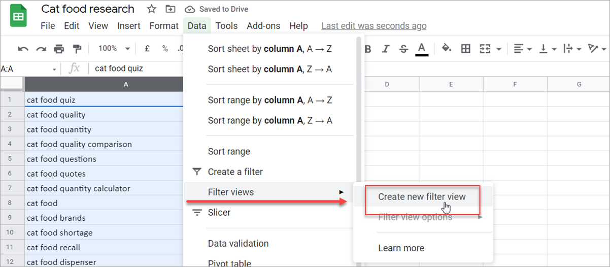 flitering keywords to create a cluster for cat food keyword