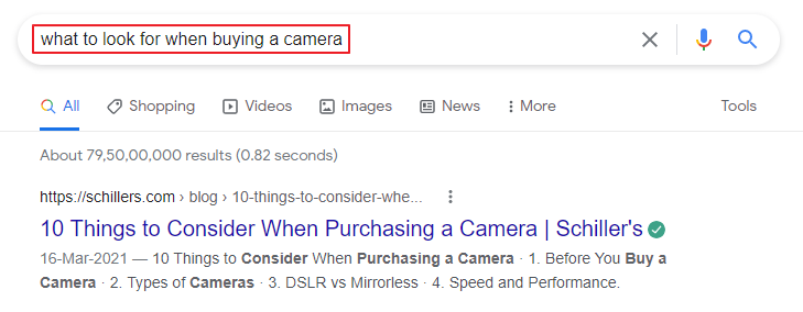 Google SERP result for "what to look for when buying a camera"