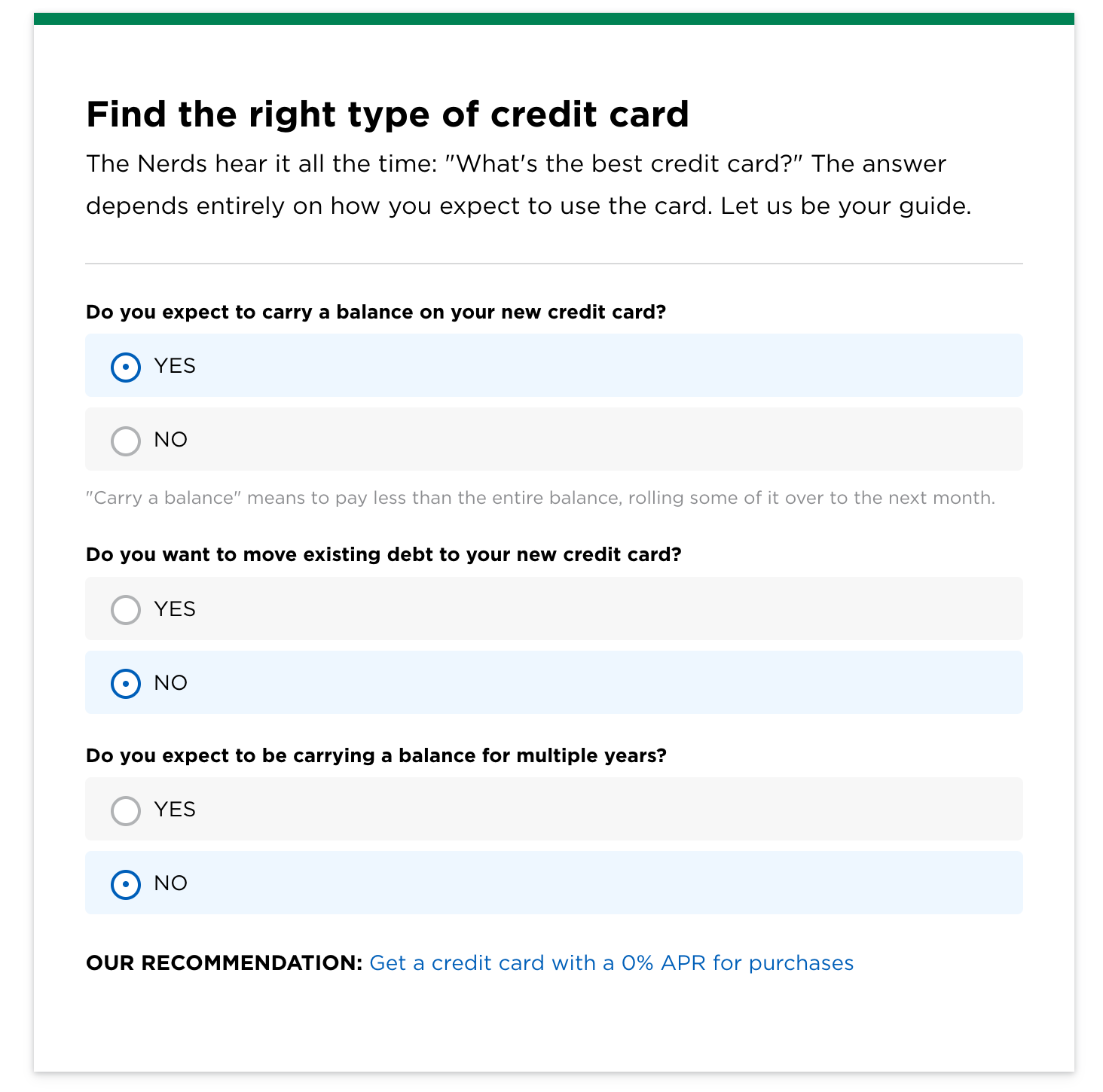 Nerdwallet's interactive quiz to help readers find what's the best credit card.