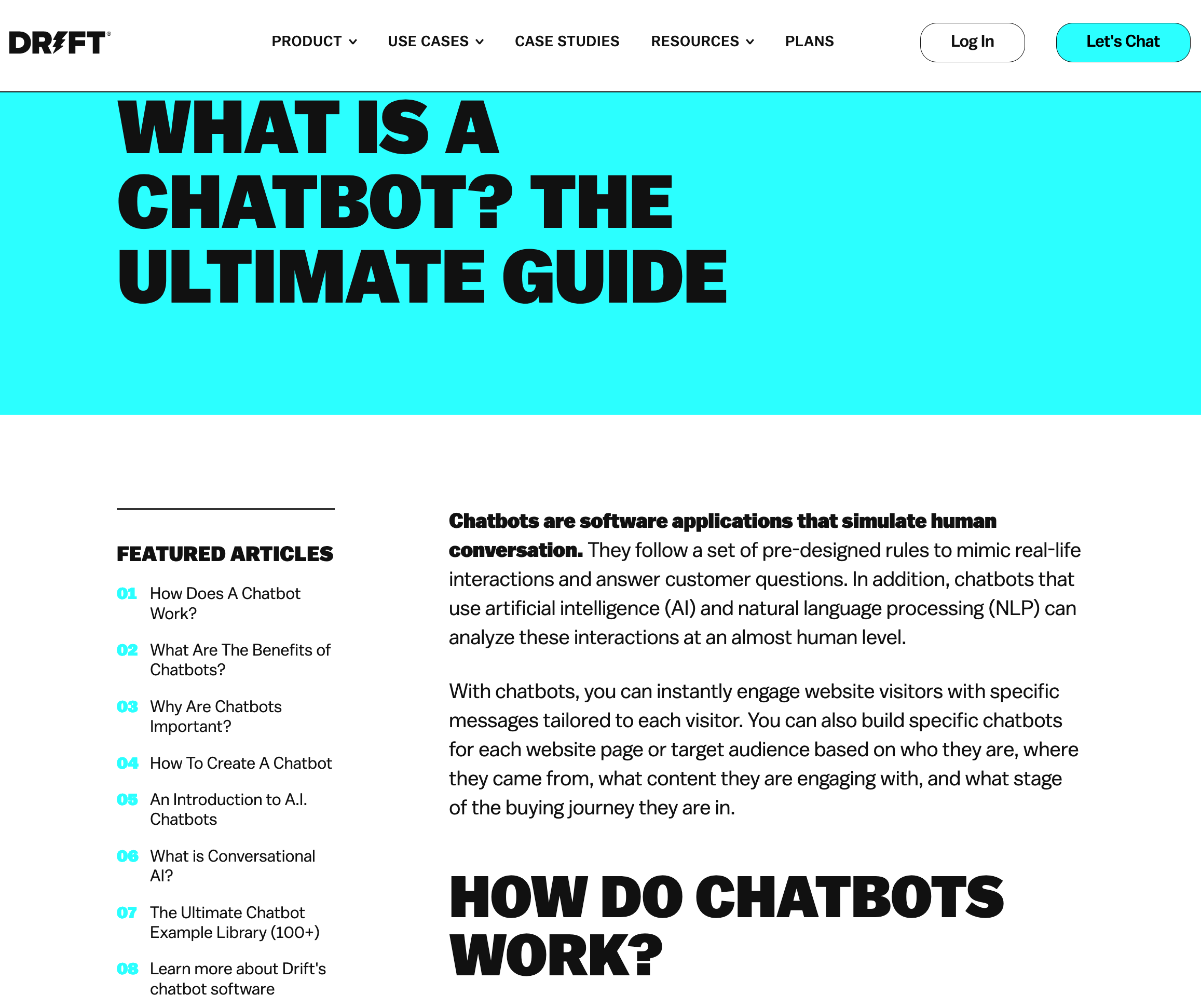 Drift's pillar page on chatbots.