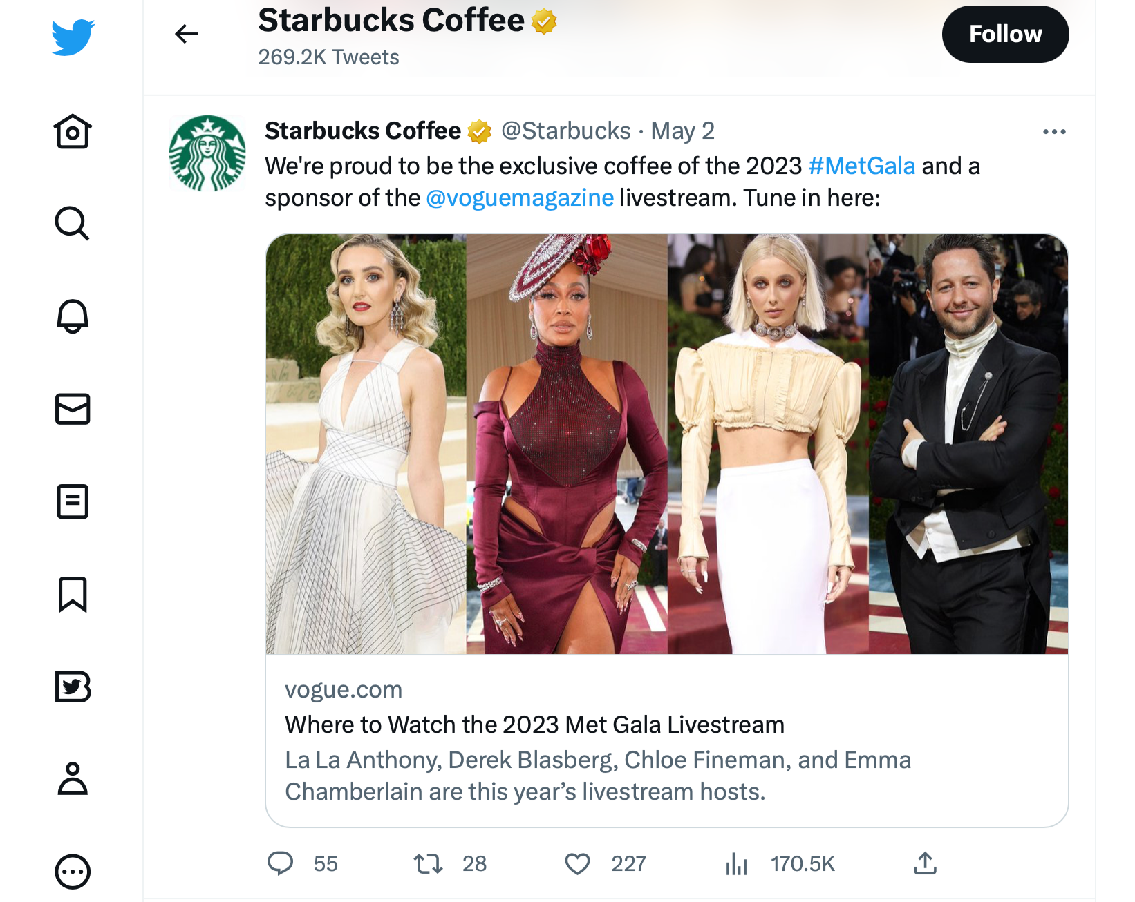 An example of Starbucks curating content from Vogue to share on their Twitter feed. 