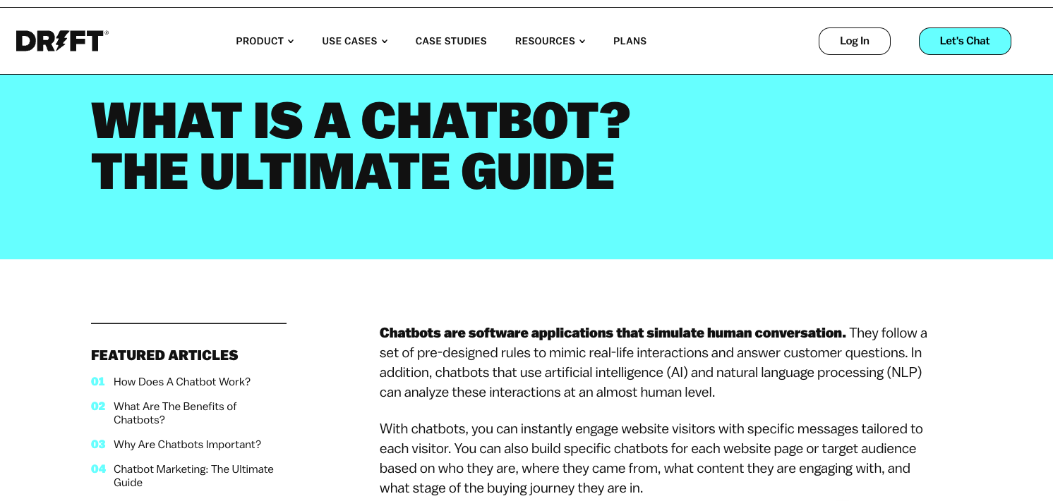 The top of Drift's chatbot blog content